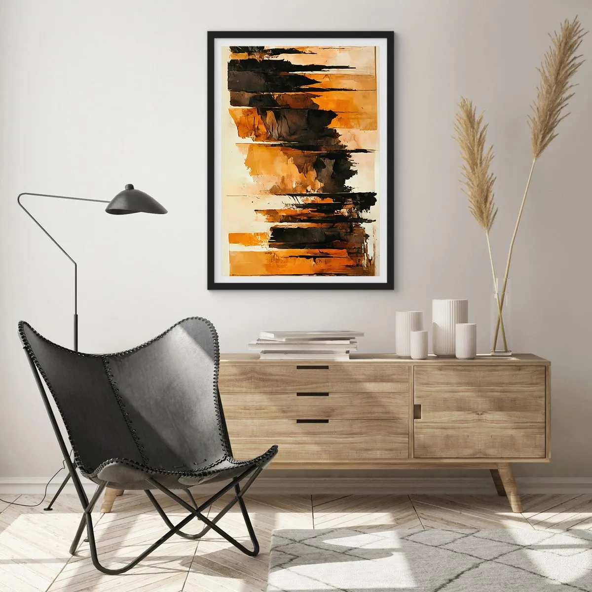 Plakat w czarnej ramie - Abstrakcyjna kompozycja w ciepłych brązach i czerni - 50x70cm - Harmonia czerni i złota - Nowoczesna dekoracja ścienna do salonu i sypialni ARTTOR