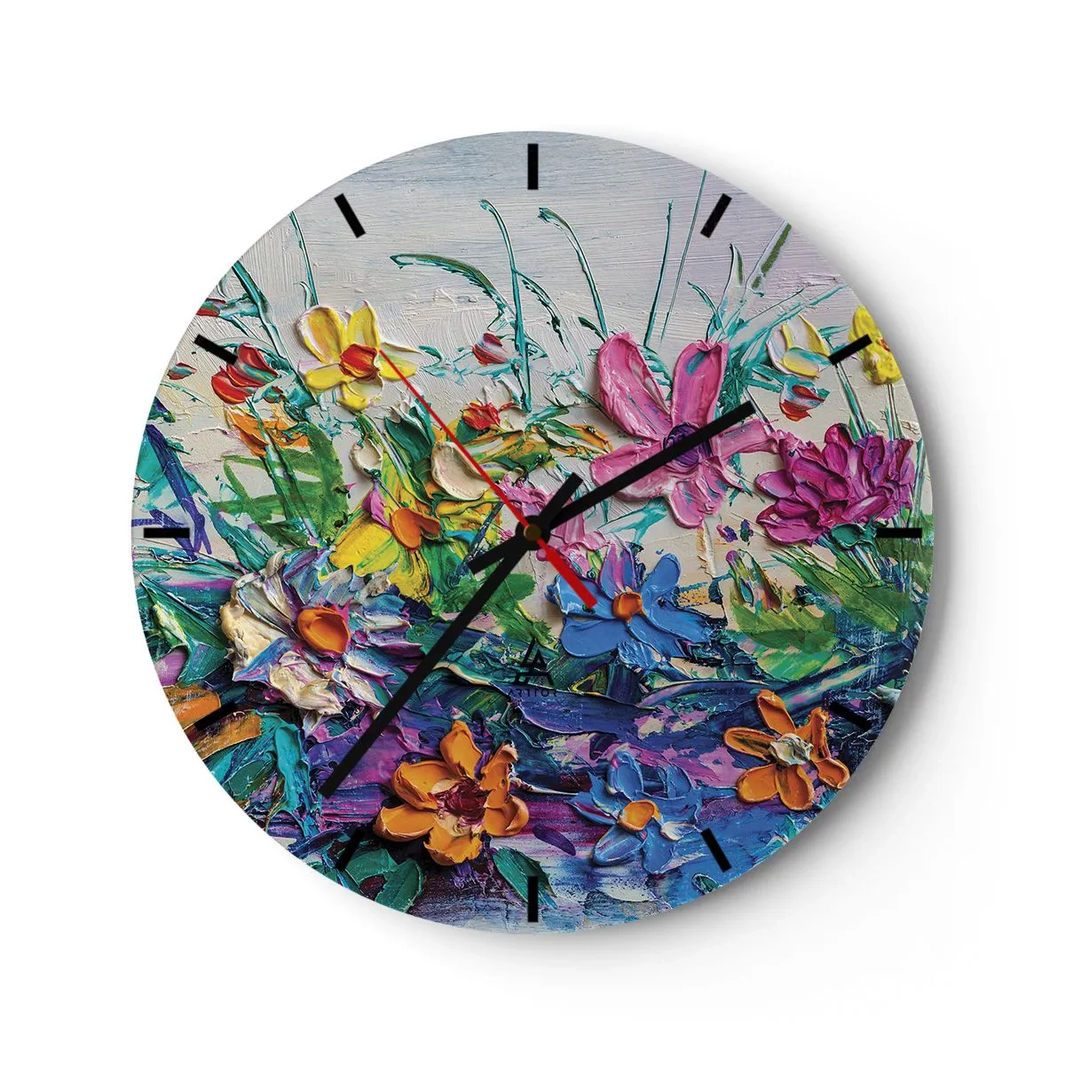 Zegar ścienny - Kolorowy pejzaż kwiatowy w technice impasto - 30x30cm - Wcale nie-martwa natura - Nowoczesna dekoracja ścienna do salonu, kuchni i sypialni ARTTOR