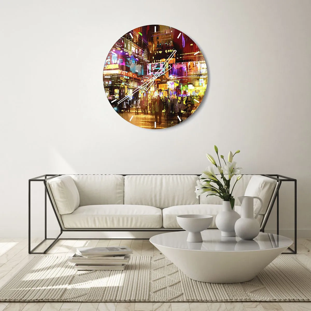 Zegar ścienny - Pejzaż nocnego miasta pełnego neonowych świateł - 30x30cm - W morzu światła - Nowoczesna dekoracja ścienna do salonu, kuchni i sypialni ARTTOR