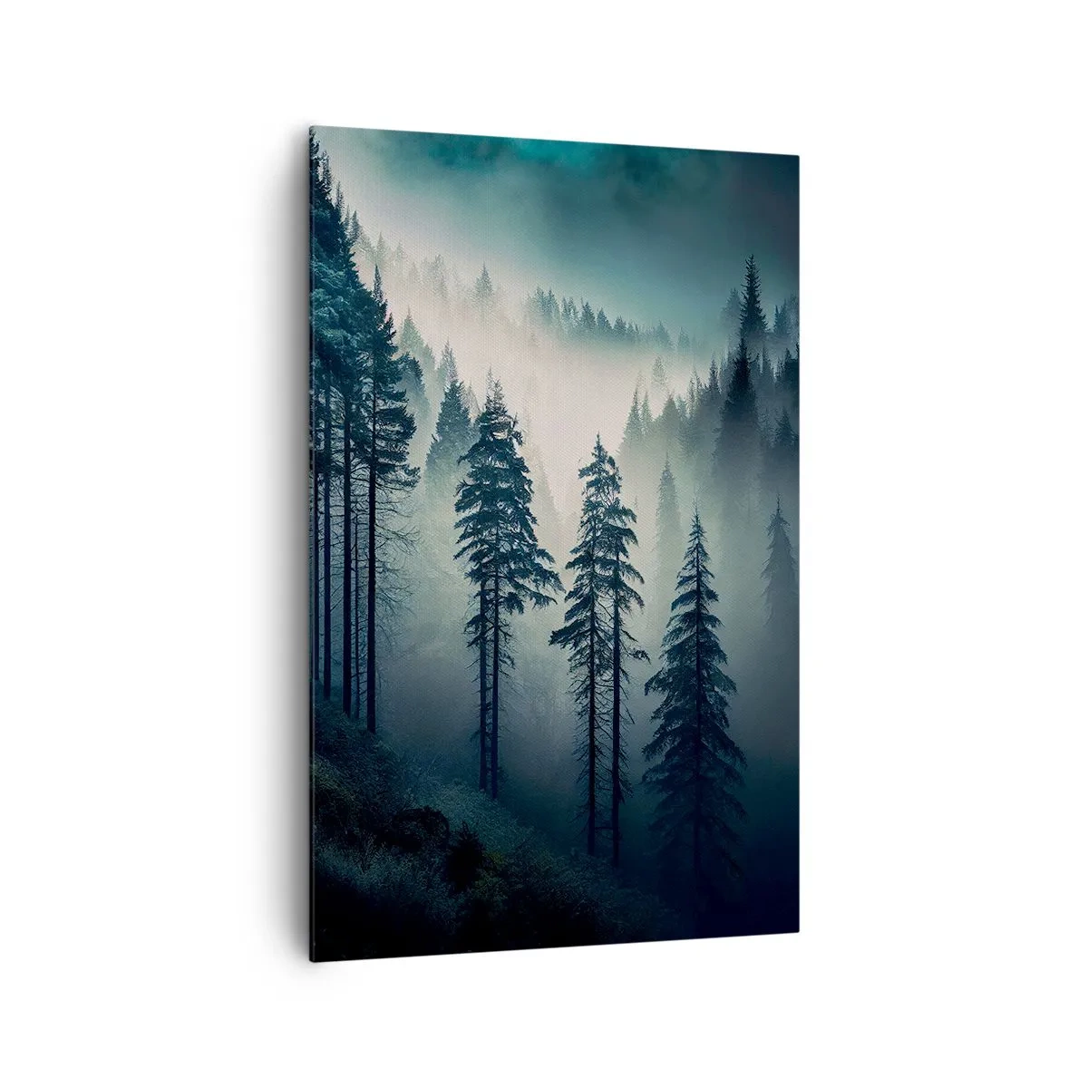 Obraz na płótnie - Górski las spowity mgłą w odcieniach niebieskiego i zieleni - 80x120cm - Górski poranek - Nowoczesna dekoracja ścienna do salonu i sypialni ARTTOR
