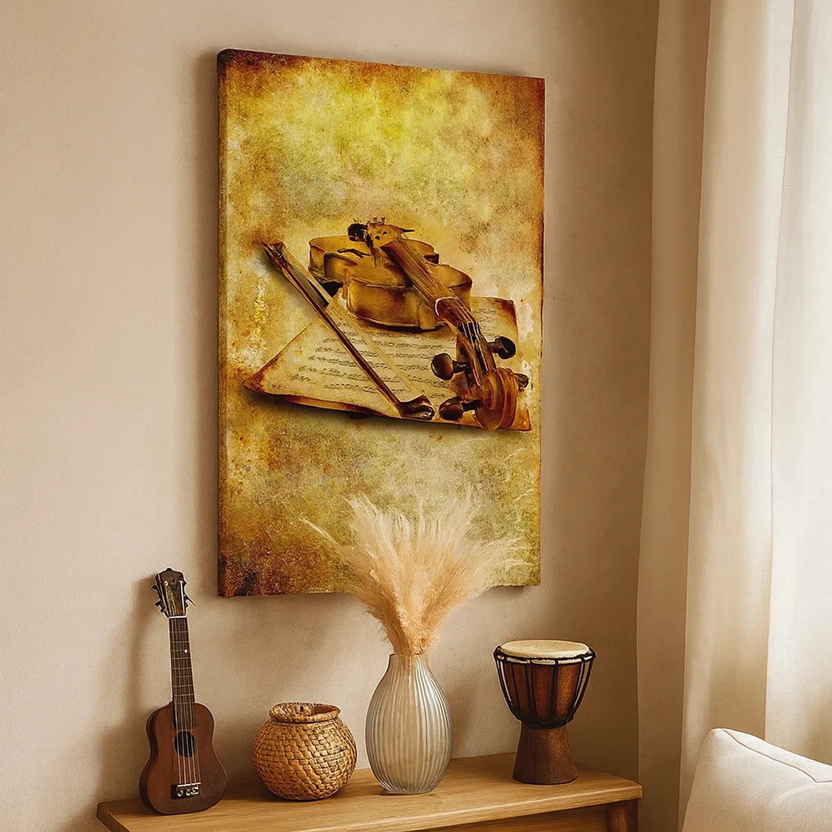 Obraz na płótnie - Skrzypce na tle nut i postarzanego papieru - 50x70cm - Wirtuoz potrzebny od zaraz - Nowoczesna dekoracja ścienna do salonu, kuchni i sypialni ARTTOR