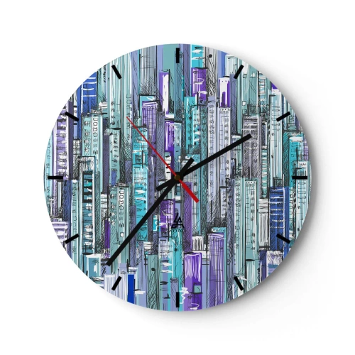 Zegar ścienny - Graficzne wieżowce w odcieniach błękitu i fioletu - 30x30cm - Pobłękitniałe od nieba - Nowoczesna dekoracja ścienna do salonu, kuchni i sypialni ARTTOR