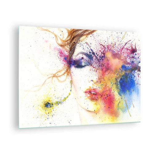 Obraz na szkle - Abstrakcyjny portret kobiety z tęczowymi rozbryzgami farby - 70x50cm - Tęczowy zawrót głowy - Nowoczesna dekoracja ścienna do salonu i sypialni ARTTOR