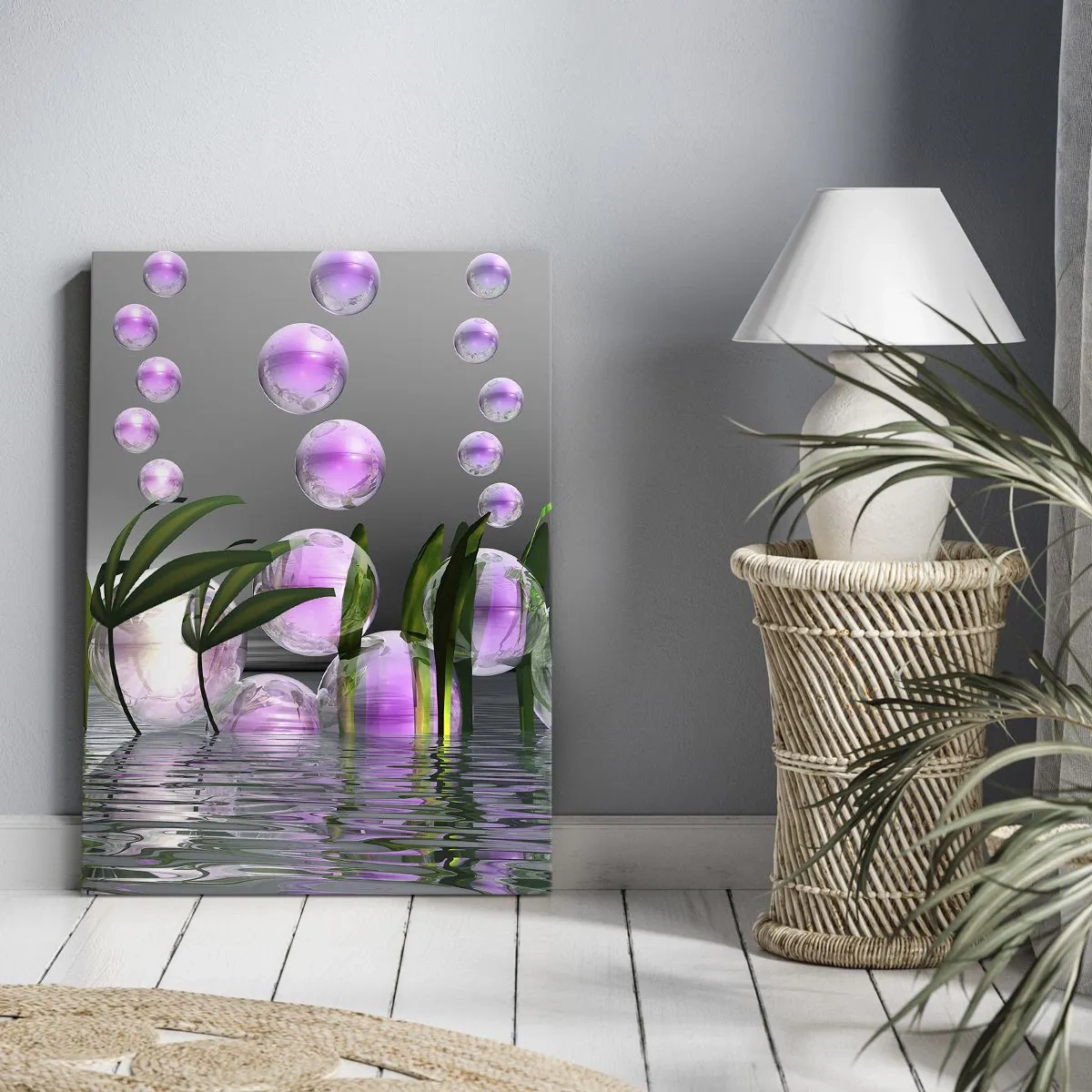 Obraz na płótnie - Abstrakcja z różowymi kulami i liśćmi na wodzie - 50x70cm - Refleksyjna kompozycja lekkości i życia - Nowoczesna dekoracja ścienna do salonu, kuchni i sypialni ARTTOR