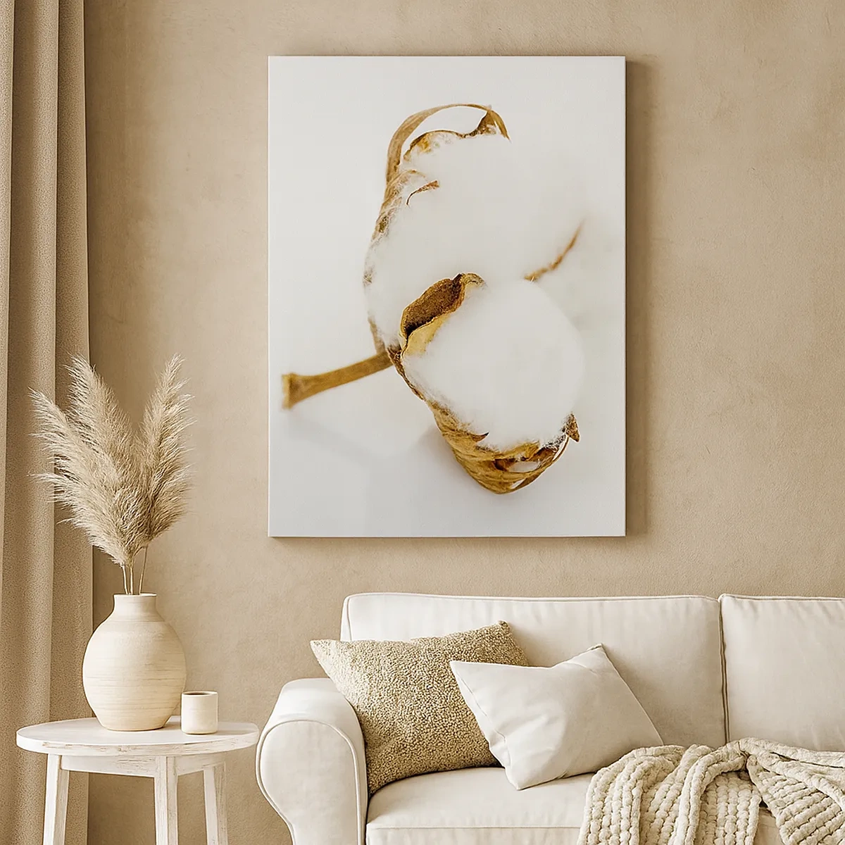 Obraz na płótnie - Gałązka bawełny na jasnym tle w minimalistycznym stylu - 50x70cm - Miękka z natury - Nowoczesna dekoracja ścienna do salonu, kuchni i sypialni ARTTOR