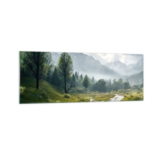Obraz na szkle - Górski krajobraz z rzeką i drzewami w otoczeniu mglistych gór - 140x50cm - Tam i z powrotem - Nowoczesna dekoracja ścienna do salonu i sypialni ARTTOR