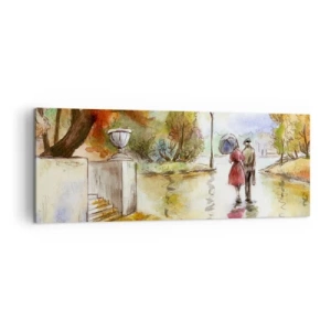 Obraz na płótnie - Spacer w jesiennym parku z parasolem - 140x50cm - Romantyczna jesień w parku - Nowoczesna dekoracja ścienna do salonu i sypialni ARTTOR
