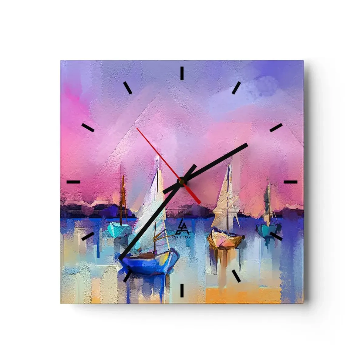Zegar ścienny - Żaglówki na spokojnym morzu w pastelowych kolorach zachodu - 30x30cm - Kierunek: szerokie wody - Nowoczesna dekoracja ścienna do salonu i sypialni ARTTOR