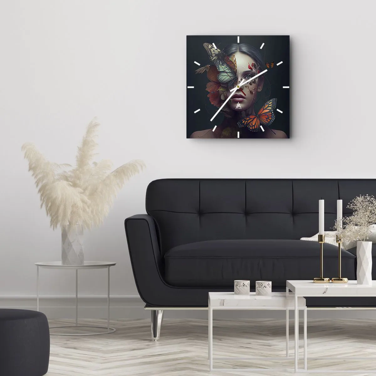 Zegar ścienny - Portret kobiety z motylami i elementami roślinnymi - 30x30cm - Cudowna metamorfoza - Nowoczesna dekoracja ścienna do salonu i sypialni ARTTOR