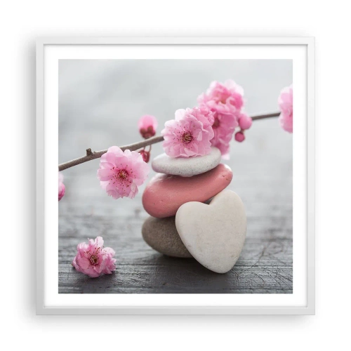Plakat w białej ramie - Błogość z kwiatem wiśni - 60x60 cm