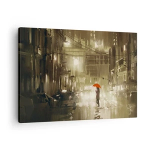 Obraz na płótnie - Postać z czerwonym parasolem w deszczowym mieście - 70x50cm - Sama, ale nie samotna - Nowoczesna dekoracja ścienna do salonu i sypialni ARTTOR
