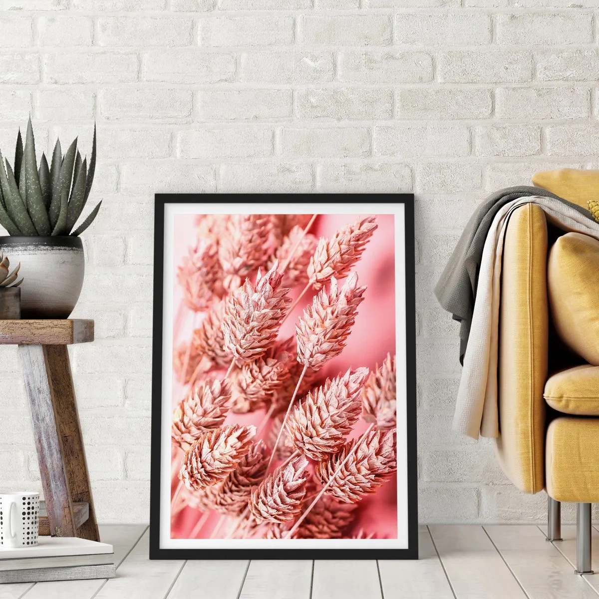 Plakat w czarnej ramie - Suszone kłosy zbóż na różowym tle w zbliżeniu - 50x70cm - Kwietna kaskada w różu - Nowoczesna dekoracja ścienna do salonu i sypialni ARTTOR