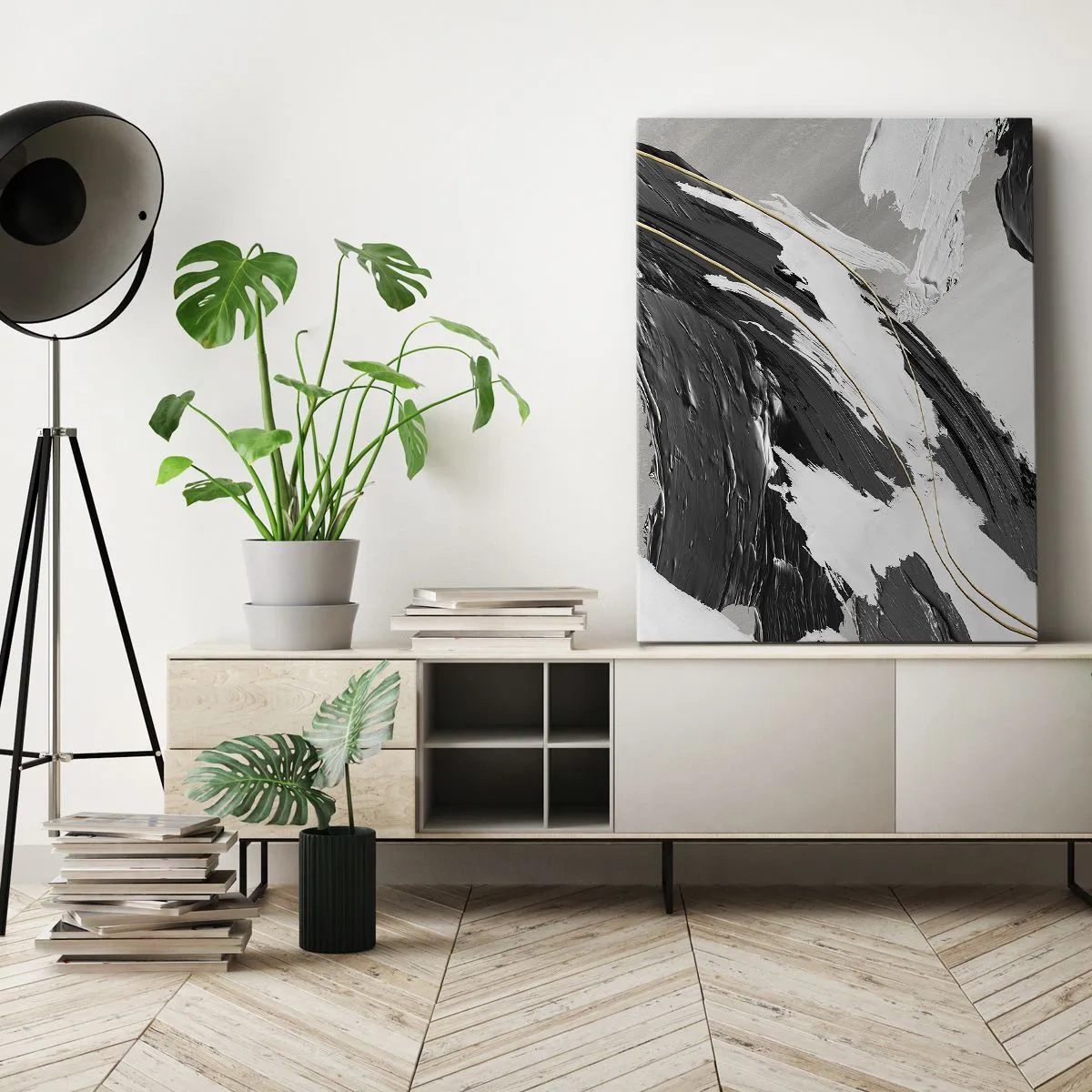 Obraz na płótnie - Abstrakcyjna kompozycja dynamicznych pociągnięć pędzla w czerni, bieli i złocie - 50x70cm - Abstrakcja z rozmachem - Nowoczesna dekoracja ścienna do salonu, kuchni i sypialni ARTTOR