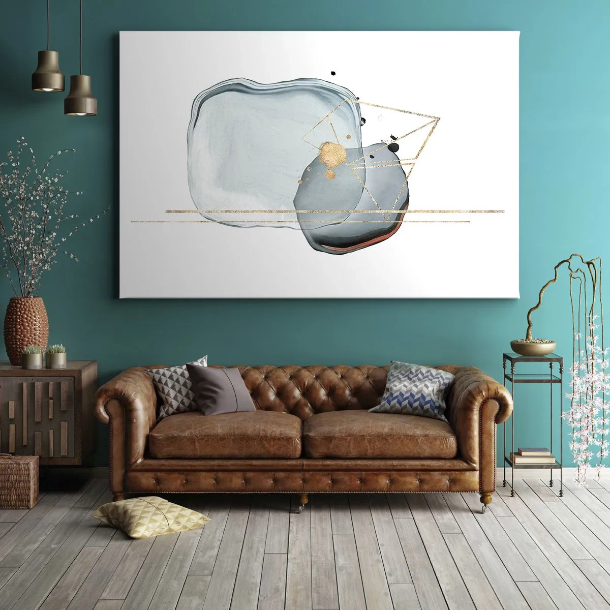 Obraz na płótnie - Abstrakcyjne formy w odcieniach błękitu i złota na białym tle - 70x50cm - Studium kropli - Nowoczesna dekoracja ścienna do salonu i sypialni ARTTOR