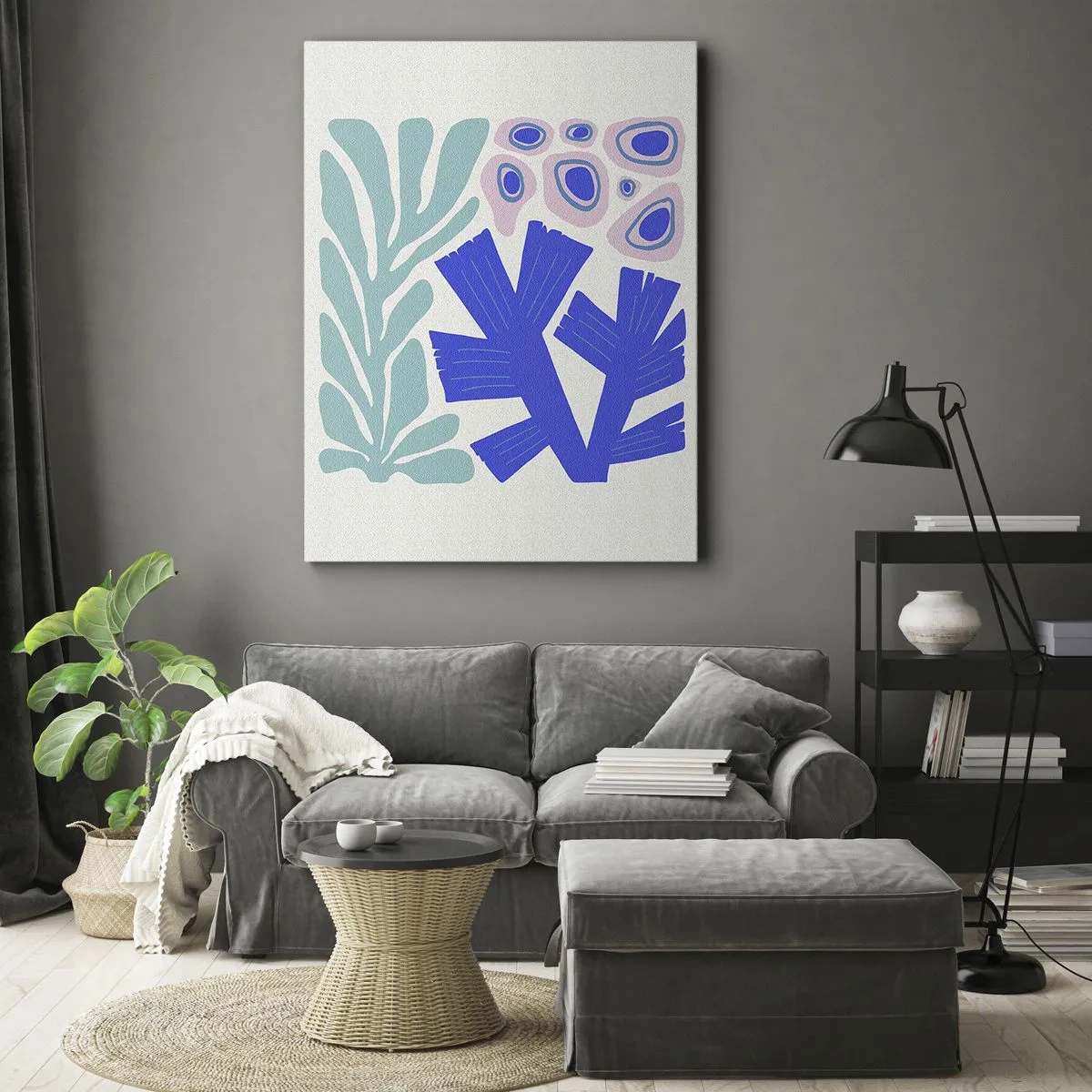 Obraz na płótnie - Abstrakcyjne morskie rośliny w nowoczesnym graficznym stylu - 70x100cm - Podwodny ogród - Nowoczesna dekoracja ścienna do salonu i sypialni ARTTOR