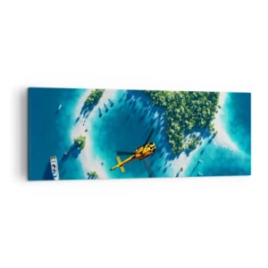 Obraz na płótnie - Tropikalna wyspa otoczona turkusową wodą z widocznym helikopterem - 140x50cm - Kup sobie wyspę - Nowoczesna dekoracja ścienna do salonu i sypialni ARTTOR