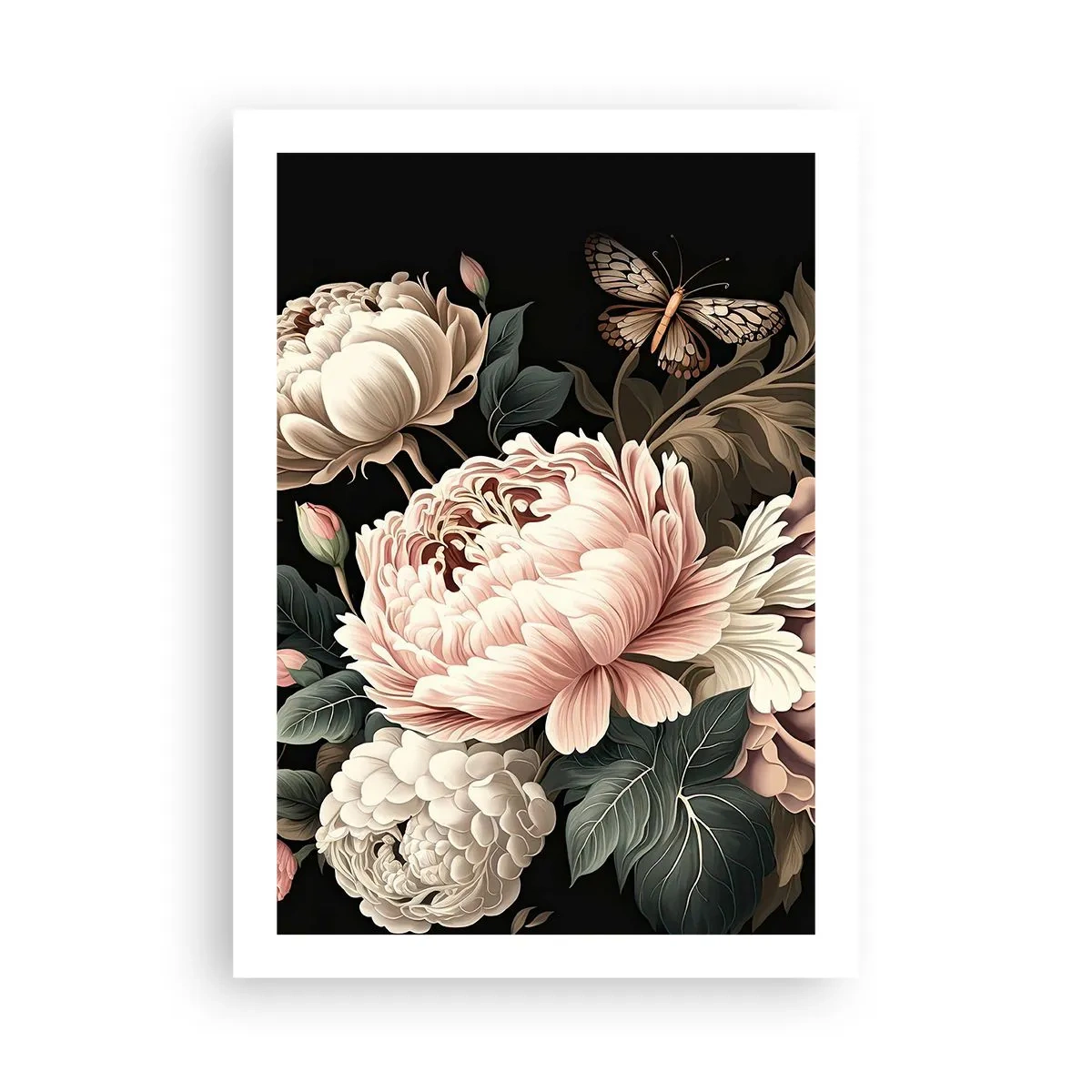 Plakat - Eleganckie piwonie i motyl na czarnym tle - 50x70cm - W barokowym stylu - Nowoczesna dekoracja ścienna do salonu, kuchni i sypialni ARTTOR
