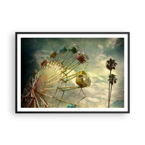 Plakat w czarnej ramie - Retro fotografia diabelskiego młyna z palmami na tle nieba - 100x70cm - Będzie, będzie zabawa… - Nowoczesna dekoracja ścienna do salonu i sypialni ARTTOR