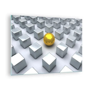 Obraz na szkle - Złota kula otoczona srebrnymi sześcianami - 70x50cm - Dlaczego ja? Kompozycja geometryczna - Nowoczesna dekoracja ścienna do salonu i sypialni ARTTOR