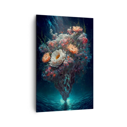 Obraz na płótnie - Fantazyjne kwiaty unoszące się nad wodą w tajemniczej scenerii - 80x120cm - Dziwny ogród - Nowoczesna dekoracja ścienna do salonu i sypialni ARTTOR