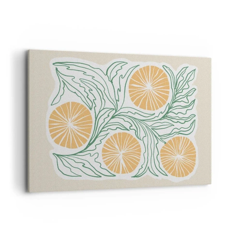 Obraz na płótnie - Minimalistyczny motyw pomarańczy z zielonymi liśćmi - 120x80cm - Etnicznie z nutą abstrakcji - Nowoczesna dekoracja ścienna do salonu, kuchni i sypialni ARTTOR