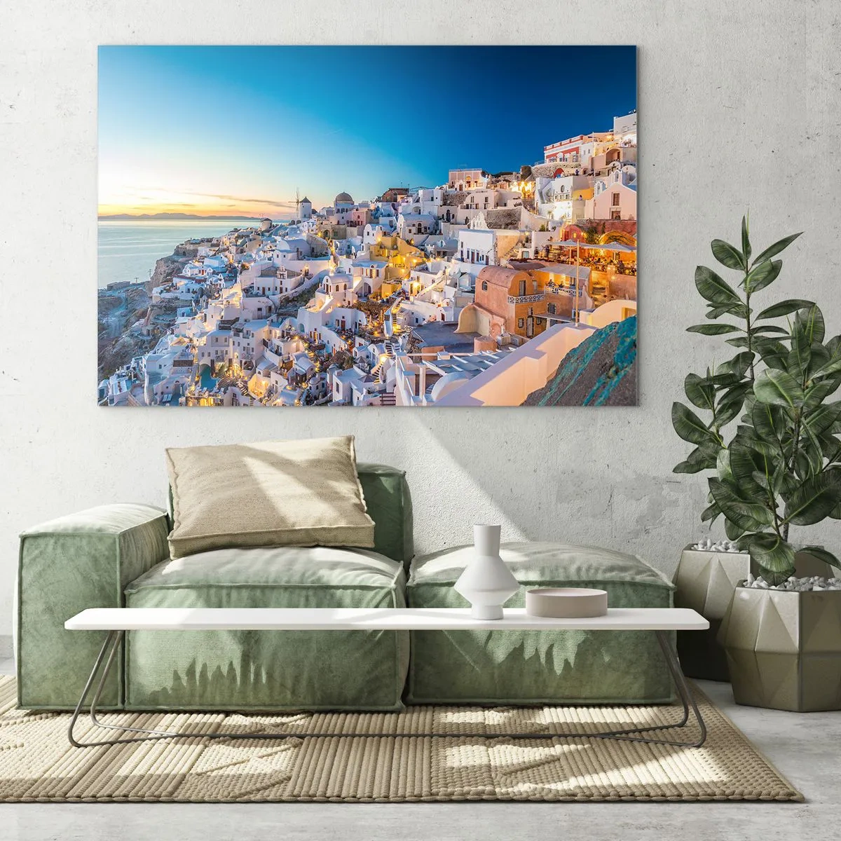 Obraz na szkle - Panorama Santorini o zachodzie słońca - 100x70cm - Esencja greckości - Nowoczesna dekoracja ścienna do salonu, kuchni i sypialni ARTTOR