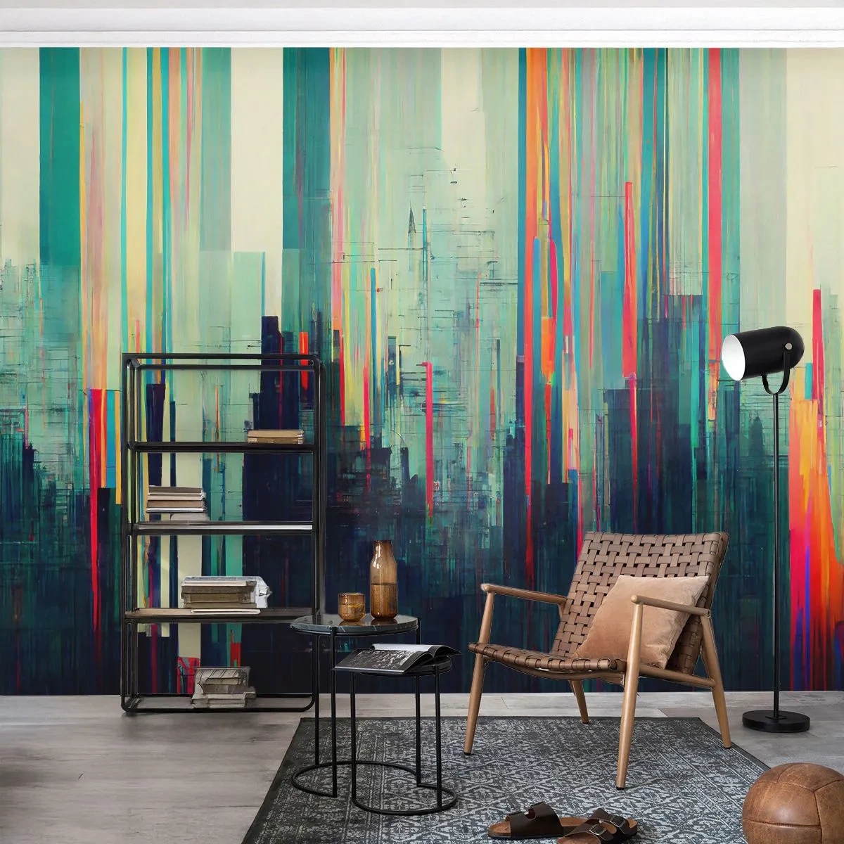 Fototapeta Premium Canvas - Abstrakcja z pionowymi liniami i miejską panoramą - 100x70cm - Futurystyczne miasto - Nowoczesna dekoracja ścienna do salonu i sypialni ARTTOR