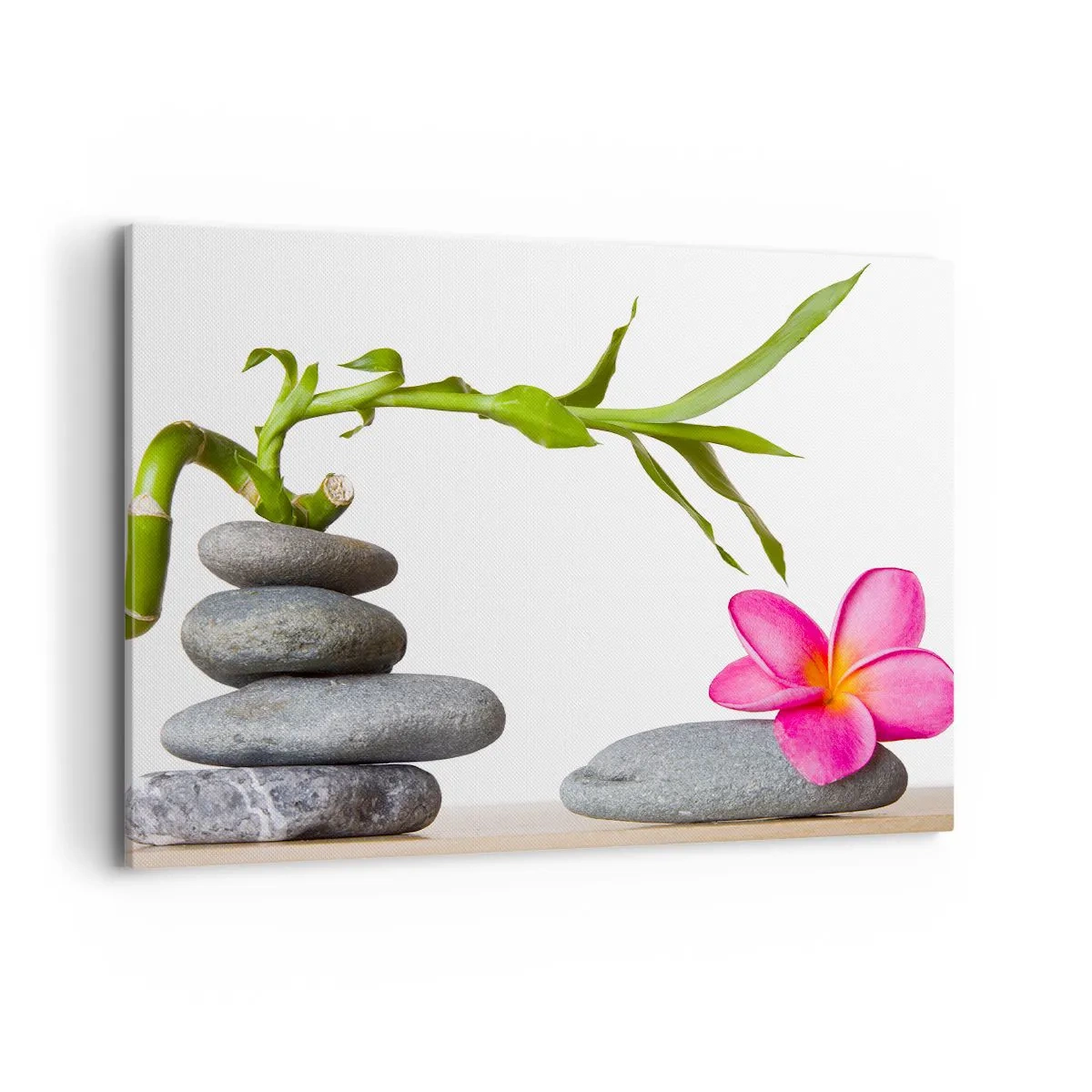 Obraz na płótnie - Bambus i różowy kwiat na kamieniach w stylu zen - 100x70cm - Kolory życia i trwania - Nowoczesna dekoracja ścienna do salonu, kuchni i sypialni ARTTOR