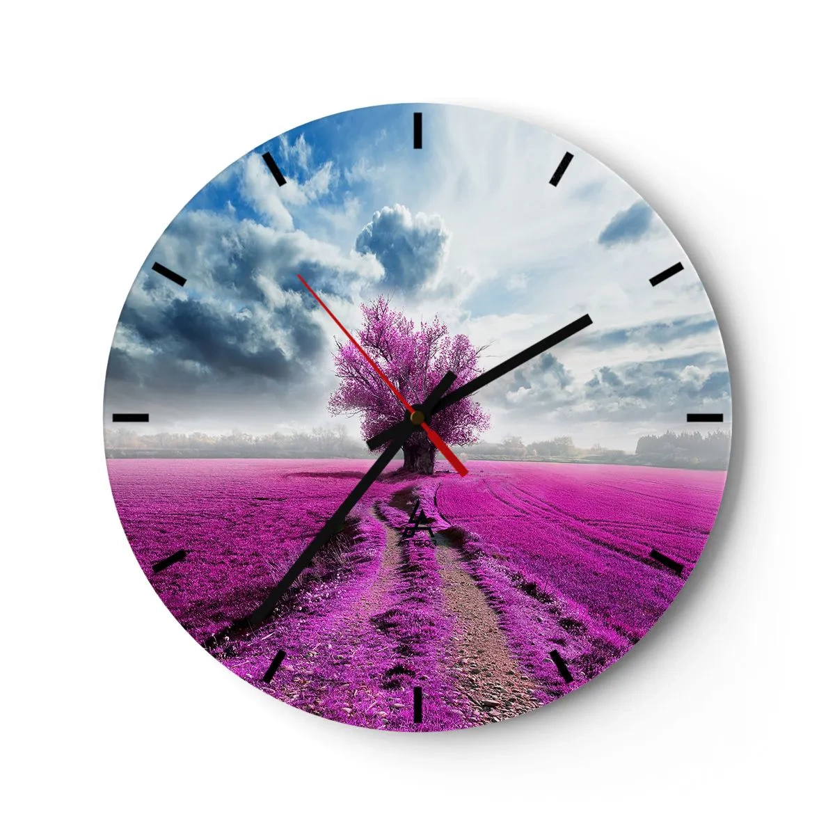 Zegar ścienny - Fioletowe pole z samotnym drzewem na tle chmur - 30x30cm - Wrzosowisko - uroczysko - Nowoczesna dekoracja ścienna do salonu, kuchni i sypialni ARTTOR