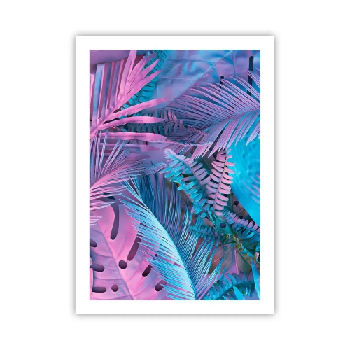 Plakat - Kolorowe liście tropikalne w neonowych odcieniach różu i błękitu - 50x70cm - Tropiki w różu i błękicie - Nowoczesna dekoracja ścienna do salonu, kuchni i sypialni ARTTOR