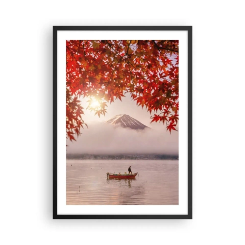 Plakat w czarnej ramie - Góra Fuji z łodzią na jeziorze i jesiennymi liśćmi - 50x70cm - W japońskim klimacie - Nowoczesna dekoracja ścienna do salonu i sypialni ARTTOR