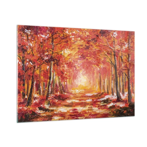 Obraz na szkle - Jesienny krajobraz z drzewami w ciepłych barwach - 100x70cm - Miedziany las - Nowoczesna dekoracja ścienna do salonu, kuchni i sypialni ARTTOR