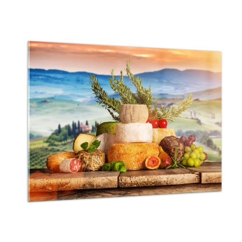 Obraz na szkle - Kompozycja serów i owoców na tle toskańskiego krajobrazu - 100x70cm - Włoska radość życia - Nowoczesna dekoracja ścienna do salonu, kuchni i sypialni ARTTOR
