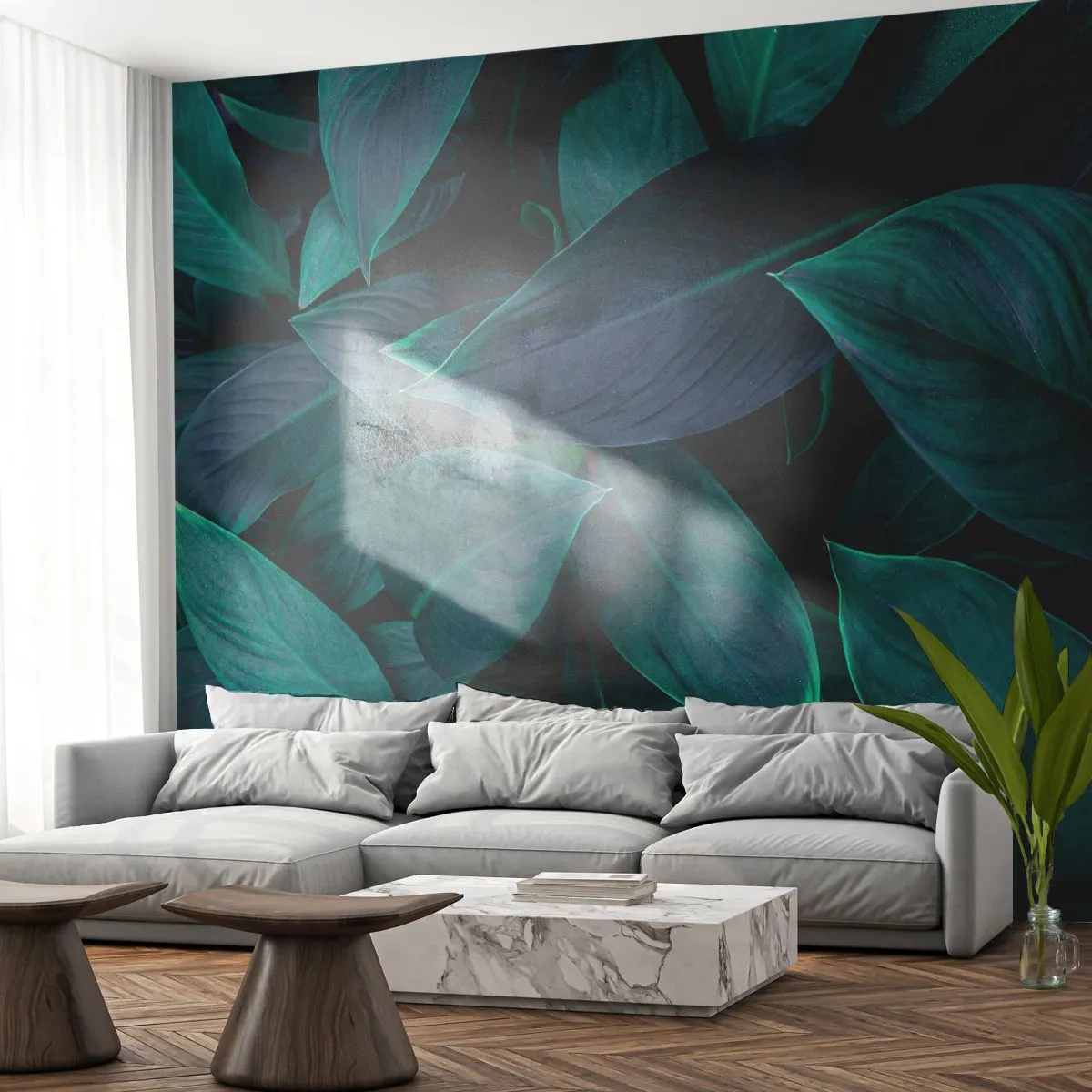 Fototapeta Premium Sand - Ciemnozielone tropikalne liście na czarnym tle - 100x70cm - Zieleń sama w sobie - Nowoczesna dekoracja ścienna do salonu, kuchni i sypialni ARTTOR