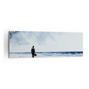 Obraz na płótnie - Postać na plaży w spokojnym otoczeniu morza - 160x50cm - Rozmowa z morzem - Nowoczesna dekoracja ścienna do salonu i sypialni ARTTOR