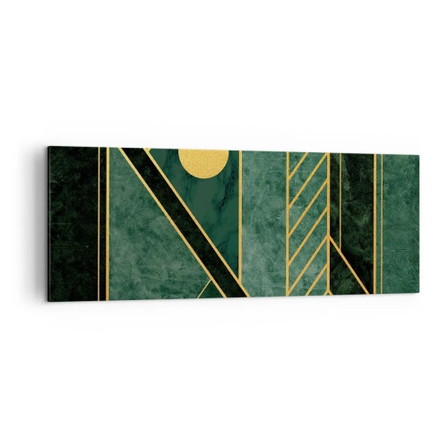Obraz na płótnie - Geometria w zieleni i złocie z eleganckim wzorem - 140x50cm - Dynamika złota i lazuru - Nowoczesna dekoracja ścienna do salonu i sypialni ARTTOR