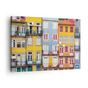 Obraz na płótnie - Kolorowe fasady kamienic w miejskim krajobrazie - 70x50cm - Barwy starego miasta - Nowoczesna dekoracja ścienna do salonu i sypialni ARTTOR