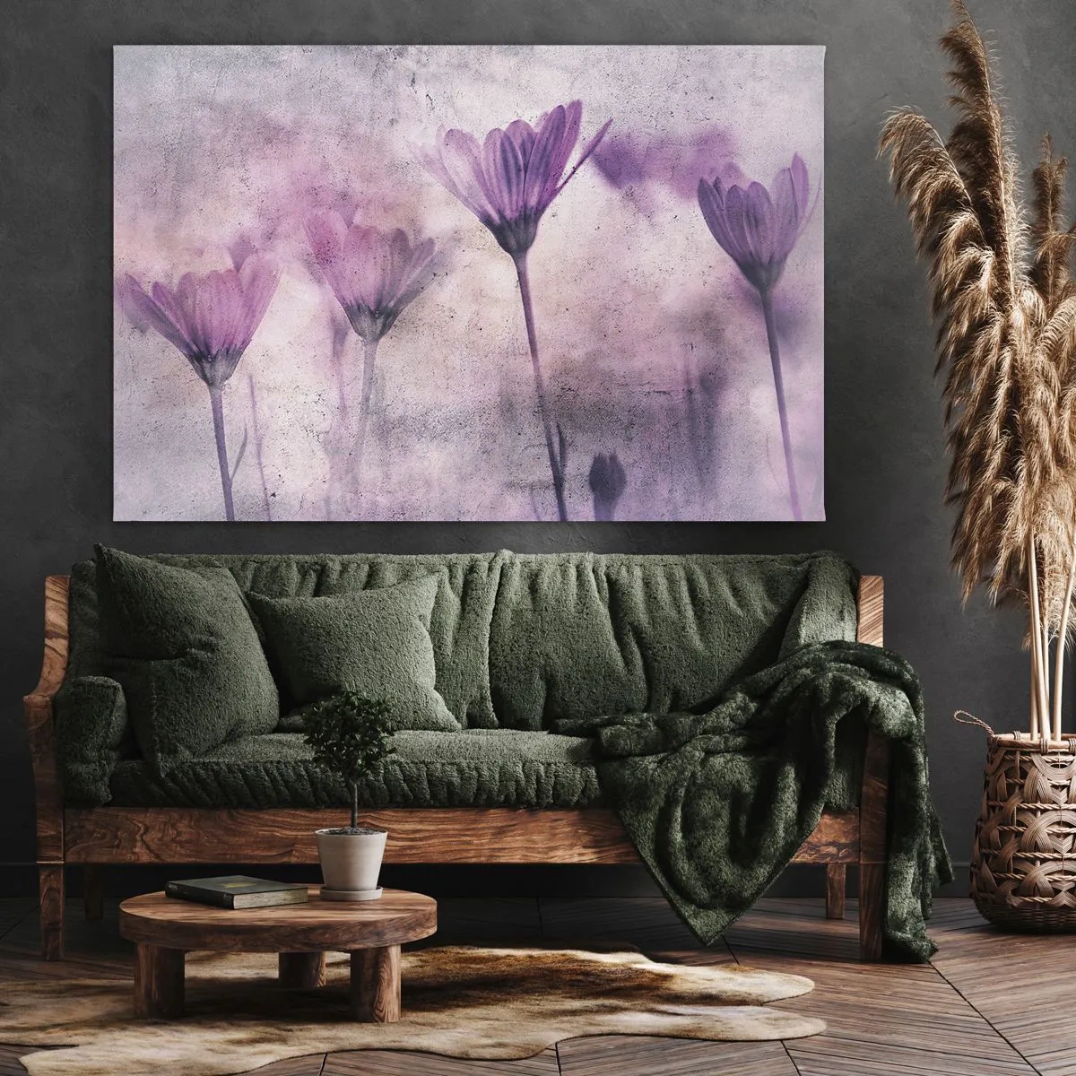 Obraz na płótnie - Delikatne kwiaty w odcieniach fioletu na jasnym tle - 70x50cm - Sen kwiatów - Nowoczesna dekoracja ścienna do salonu i sypialni ARTTOR
