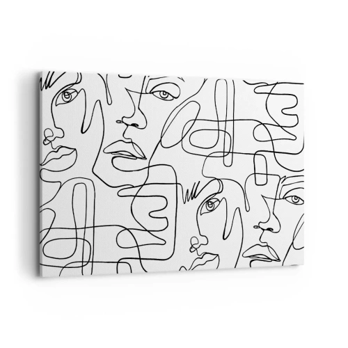 Obraz na płótnie - Minimalistyczny rysunek twarzy z liniami na jasnym tle - 120x80cm - W splątanych emocjach - Nowoczesna dekoracja ścienna do salonu, kuchni i sypialni ARTTOR