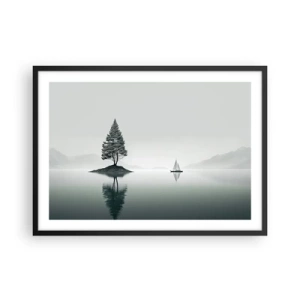 Plakat w czarnej ramie - Minimalistyczny pejzaż z drzewem na wyspie i żaglówką - 70x50cm - Marzenie senne - Nowoczesna dekoracja ścienna do salonu i sypialni ARTTOR