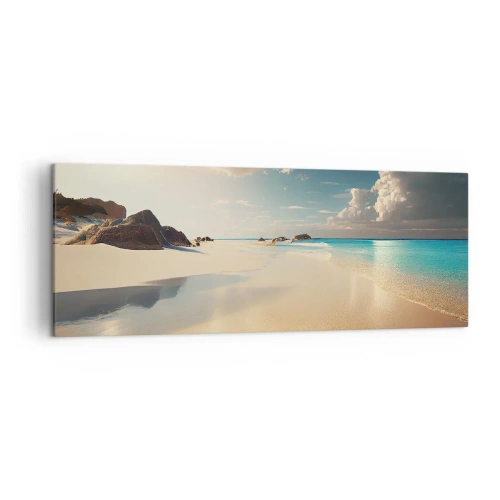 Obraz na płótnie - Słoneczna plaża z błękitnym morzem i skałami - 140x50cm - Wymarzony dzień - Nowoczesna dekoracja ścienna do salonu i sypialni ARTTOR