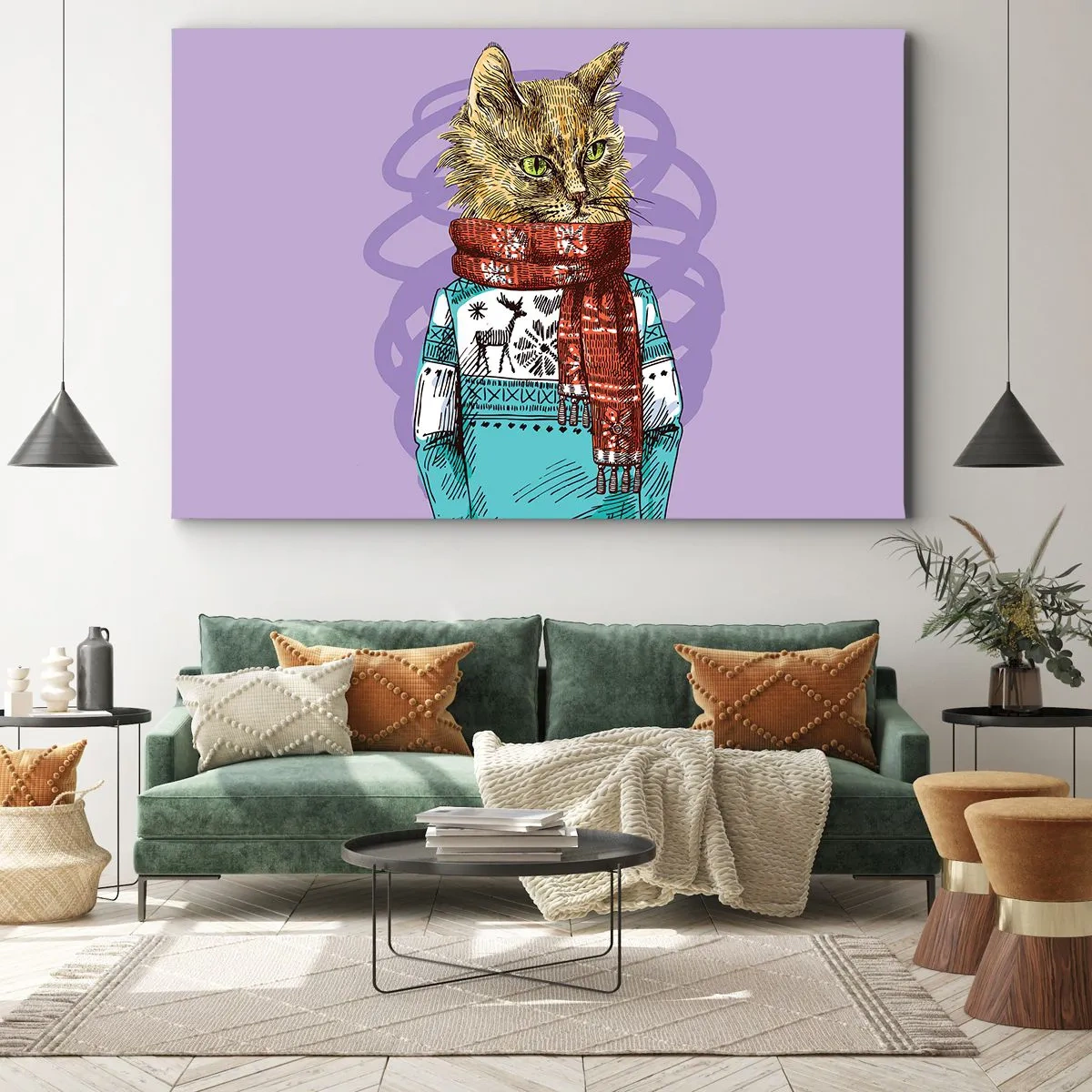 Obraz na płótnie - Kot w swetrze i szaliku na fioletowym tle - 120x80cm - Kot nie tylko w butach - Nowoczesna dekoracja ścienna do salonu, kuchni i sypialni ARTTOR
