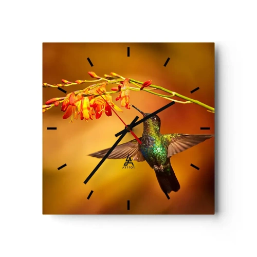 Zegar ścienny - Koliber przy kwiecie w ciepłym świetle - 30x30cm - Posłaniec światła wg Majów - Nowoczesna dekoracja ścienna do salonu i sypialni ARTTOR