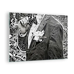 Obraz na szkle - Czarno-biała abstrakcja z geometrycznymi wzorami - 70x50cm - Tylko na pozór szary człowiek - Nowoczesna dekoracja ścienna do salonu i sypialni ARTTOR