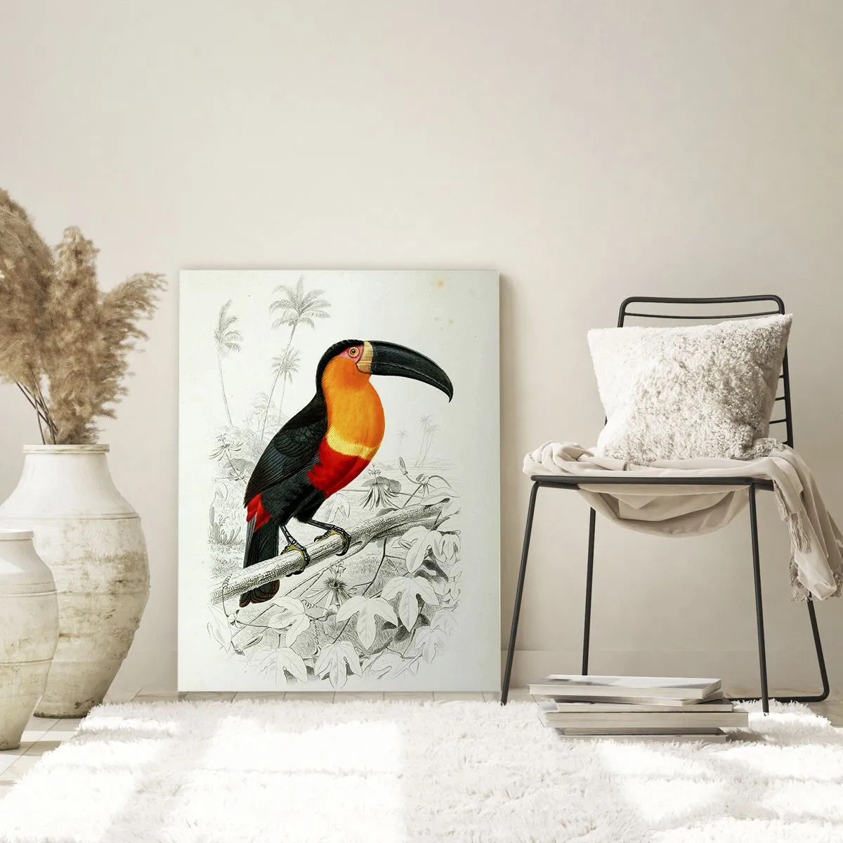 Obraz na szkle - Kolorowy tukan na tle botanicznej ilustracji z tropikalnymi roślinami - 80x120cm - Ptasie barwy - Nowoczesna dekoracja ścienna do salonu i sypialni ARTTOR