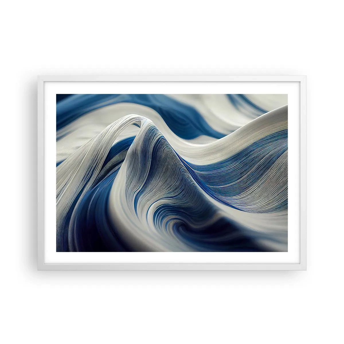Plakat w białej ramie - Płynność błękitu i bieli - 70x50 cm