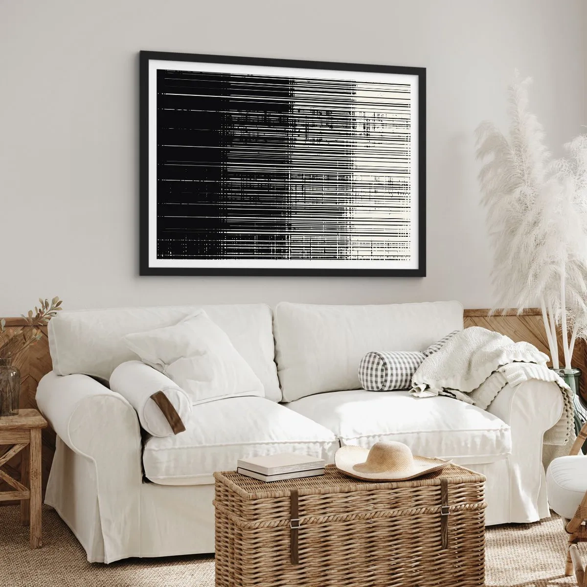 Plakat w czarnej ramie - Abstrakcyjna kompozycja linii w kontrastowej czerni i bieli - 70x50cm - Fale i drgania - Nowoczesna dekoracja ścienna do salonu i sypialni ARTTOR