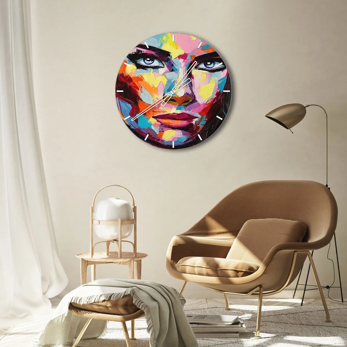 Zegar ścienny - Abstrakcyjny portret kobiety w żywych kolorach - 30x30cm - Dusza też kolorowa - Nowoczesna dekoracja ścienna do salonu, kuchni i sypialni ARTTOR