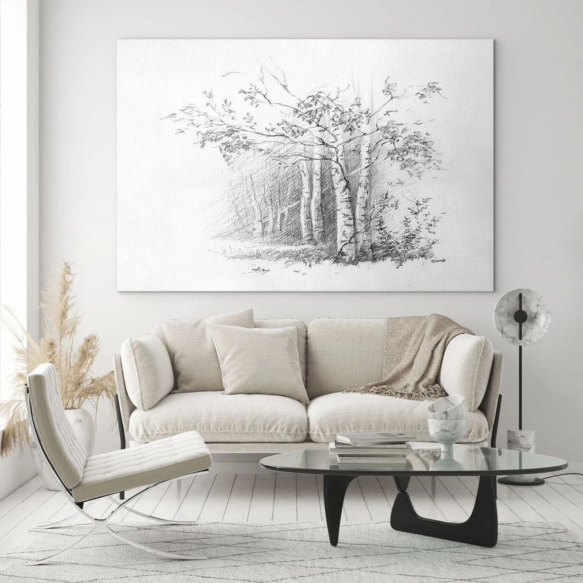 Obraz na szkle - Szkic brzozowego lasu w monochromatycznej tonacji - 120x80cm - Światło brzozowego lasu - Nowoczesna dekoracja ścienna do salonu, kuchni i sypialni ARTTOR