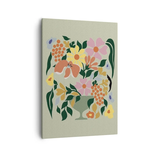 Obraz na płótnie - Kolorowa kompozycja kwiatowa w wazonie na zielonym tle - 50x70cm - Bukiet kipiący życiem - Nowoczesna dekoracja ścienna do salonu, kuchni i sypialni ARTTOR